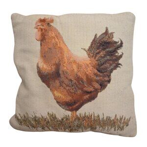 Farmhouse Rooster Needle Point Tapestry Throw Pillow 16"x16" Beige Cotton Decora